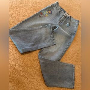 Organic Blue Floral Criss Stitch Embroidered Jeans, Size 7/8, NWT